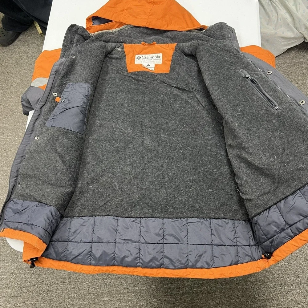 Columbia Hooded Parka Jacket Mens Large Orange Reflective Safety Stripe B2